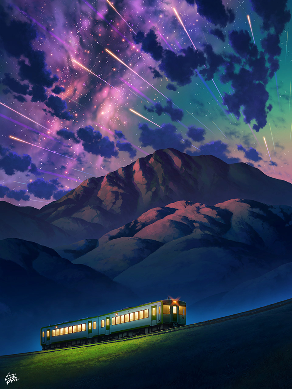 commentary_request grass ground_vehicle highres milky_way mountain mugumo_24k night night_sky no_humans original outdoors scenery sky star_(sky) starry_sky train