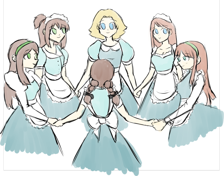 6+girls apron back blonde_hair blue_dress blue_eyes bow brown_hair circle_formation dress friends green_eyes happy holding_hands long_hair looking_at_another looking_at_viewer maid maid_apron maid_headdress multiple_girls original ponytail short_hair simple_background smile tostandout twintails
