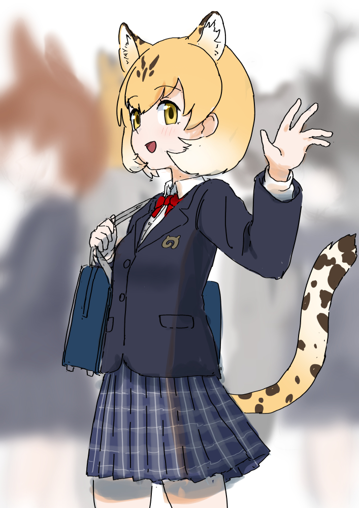 1girl alternate_costume animal_ears animal_print bag blonde_hair blue_jacket blue_skirt blush bow bowtie brown_hair cowboy_shot extra_ears jacket japari_symbol kemono_friends leopard_(kemono_friends) leopard_ears leopard_girl leopard_print leopard_tail long_sleeves multicolored_hair pleated_skirt red_bow red_bowtie school_bag school_uniform short_hair skirt solo tail yellow_eyes yumeumi_sousaku