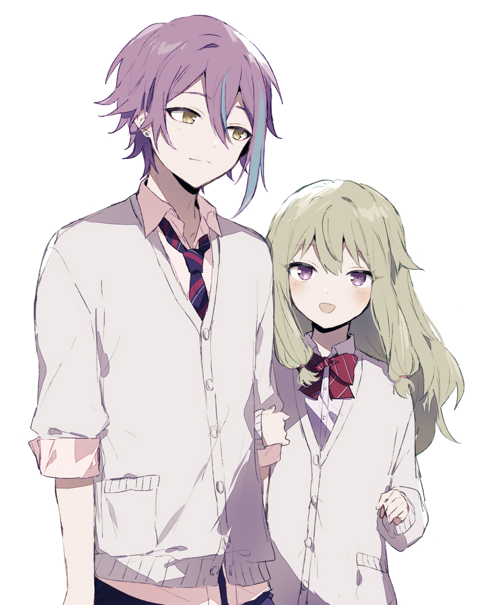 1boy 1girl cardigan closed_mouth diagonal-striped_bowtie diagonal-striped_necktie green_hair hair_between_eyes hair_flaps highres holding_another's_arm kamishiro_rui kamiyama_high_school_uniform_(sekai) kusanagi_nene long_hair long_sleeves looking_at_another open_mouth pink_shirt project_sekai purple_hair school_uniform shirt sidelocks simple_background skunlv sleeves_rolled_up smile upper_body violet_eyes white_background white_cardigan white_shirt