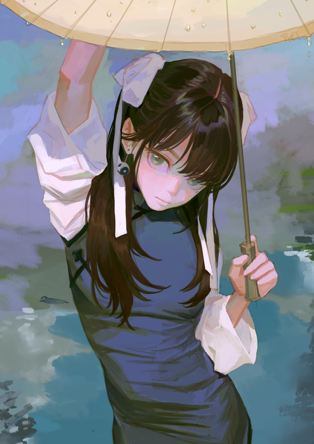 1girl blue_eyes bow brown_hair chinese_clothes contrapposto earrings eyeball_bracelet_girl_(fkey) fkey fringe_trim from_above hair_bow highres jewelry long_hair looking_at_viewer looking_up oil-paper_umbrella original solo umbrella water white_bow yin_yang