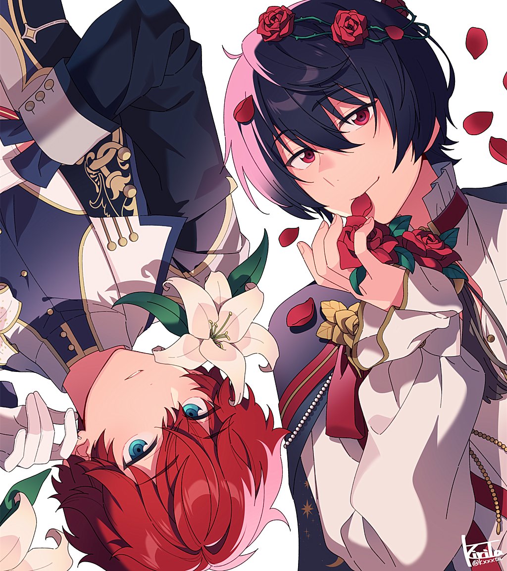 2boys amagi_hiiro bangs bishounen black_hair commentary_request ensemble_stars! flower frilled_sleeves frills kiri_futoshi lily_(flower) long_sleeves looking_at_viewer male_focus mouth_hold multicolored_hair multiple_boys redhead rose sakuma_ritsu simple_background two-tone_hair white_background white_hair