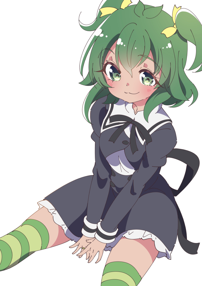 1girl :3 antenna_hair assault_lily bangs black_ribbon black_skirt buttons closed_mouth commentary cowboy_shot cropped_jacket frilled_skirt frills green_eyes green_hair green_thighhighs hair_between_eyes hair_ribbon high-waist_skirt honkawa_works jewelry juliet_sleeves light_blush long_sleeves looking_at_viewer medium_hair miniskirt neck_ribbon puffy_sleeves ribbon ring school_uniform shirt simple_background sitting skirt smile solo striped striped_thighhighs thigh-highs twintails two_side_up v_arms white_background white_shirt yellow_ribbon yoshimura_thi_mai yurigaoka_girls_academy_school_uniform