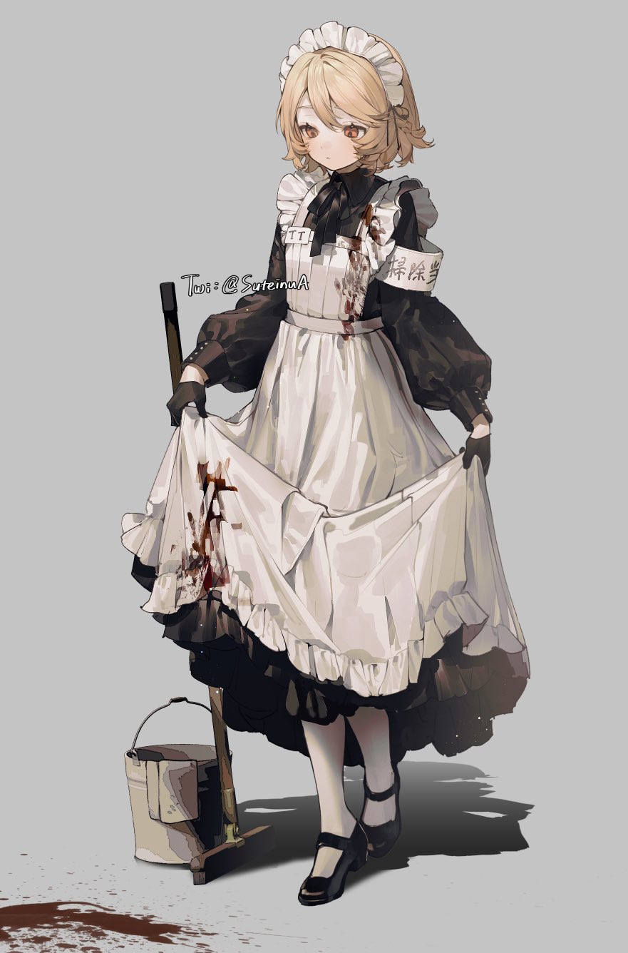 1girl apron blonde_hair blood blood_on_clothes blood_splatter broom bucket clothes_lift commentary_request eyebrows_hidden_by_hair frilled_apron frilled_skirt frills full_body gloves highres lifted_by_self long_sleeves looking_down maid mary_janes neck_ribbon orange_hair original puffy_long_sleeves puffy_sleeves ribbon shoes short_hair simple_background skirt skirt_lift socks solo suteinua translation_request twitter_username white_socks