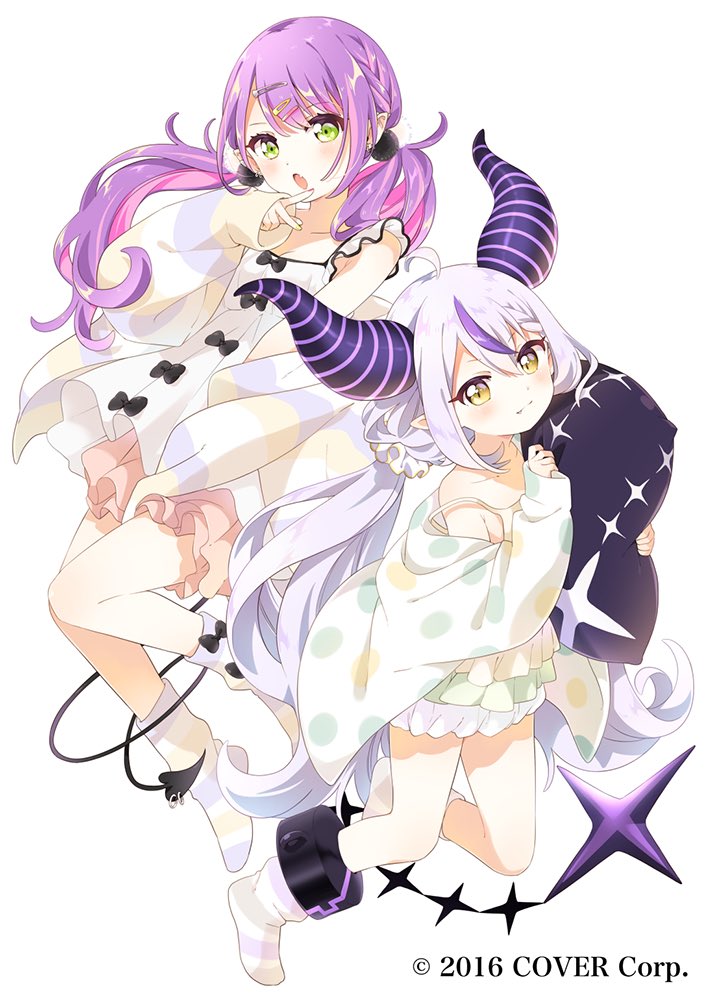 2girls alternate_costume bangs blush collarbone commentary_request copyright_name demon_girl demon_horns demon_tail full_body green_eyes hair_between_eyes hololive horns la+_darknesss long_hair looking_at_viewer low_twintails multicolored_hair multiple_girls namori pink_hair purple_hair streaked_hair striped_horns tail tokoyami_towa twintails two-tone_hair v very_long_hair virtual_youtuber white_background yellow_eyes