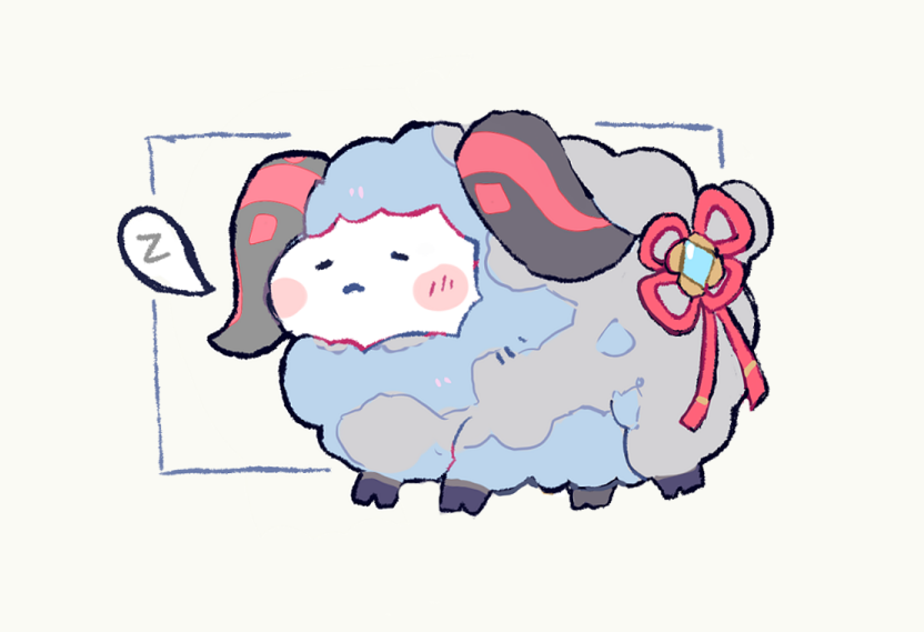 :&lt; animalization blue_fur blush blush_stickers chibi closed_eyes closed_mouth commentary english_commentary flower_knot ganyu_(genshin_impact) genshin_impact hooves horns melanbread no_humans sheep sheep_horns simple_background spoken_zzz vision_(genshin_impact) white_background zzz