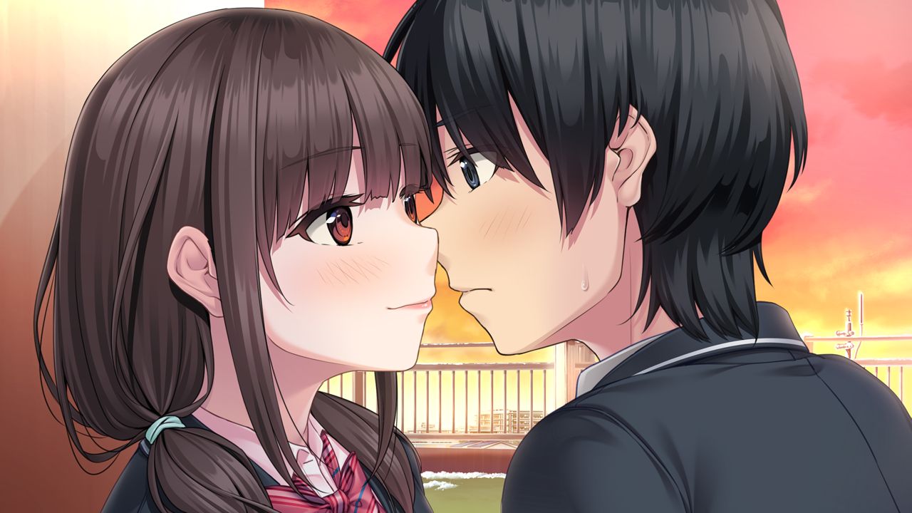 1boy 1girl amari_mito black_eyes black_hair black_jacket blush bow bowtie brown_hair closed_mouth diagonal-striped_bow dusk eye_contact fuyu_kiss game_cg hair_over_shoulder imminent_kiss jacket long_hair looking_at_another low_twintails pink_bow pink_bowtie pink_sky portrait red_eyes rooftop short_hair sweatdrop takigawa_issei twintails unasaka_ryou