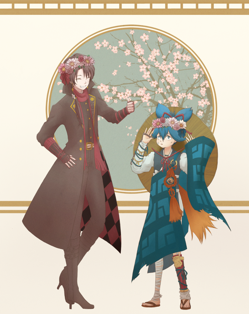 blue_hair brown_coat brown_hair brown_pants brown_shirt cherry_blossoms closed_eyes coat english_commentary facing_another floral_background flower_wreath full_body head_wreath high_heels kashuu_kiyomitsu long_sleeves looking_at_another medium_hair mikadraws pants sayo_samonji shirt short_hair slippers smile tagme touken_ranbu white_shirt