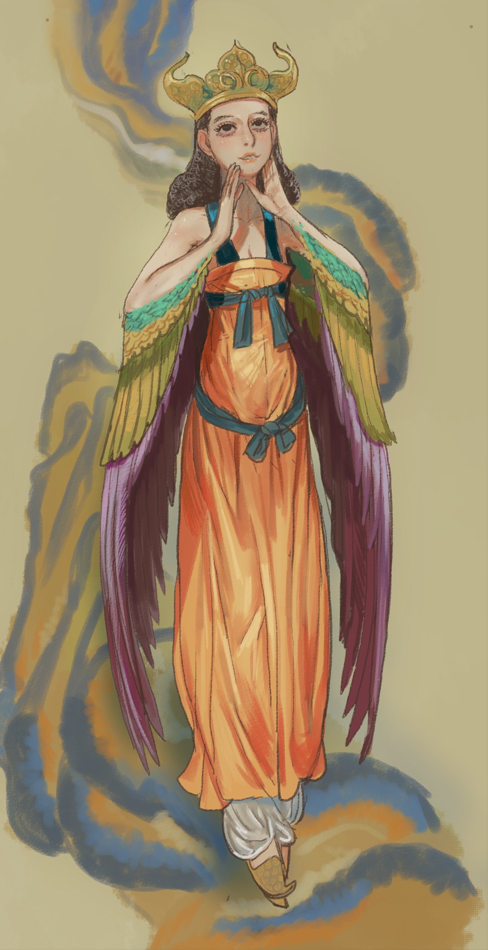 1other androgynous archangel_gabriel crown full_body hands_up highres mossacannibalis orange_robe pointy_footwear robe smile solo the_quran wings