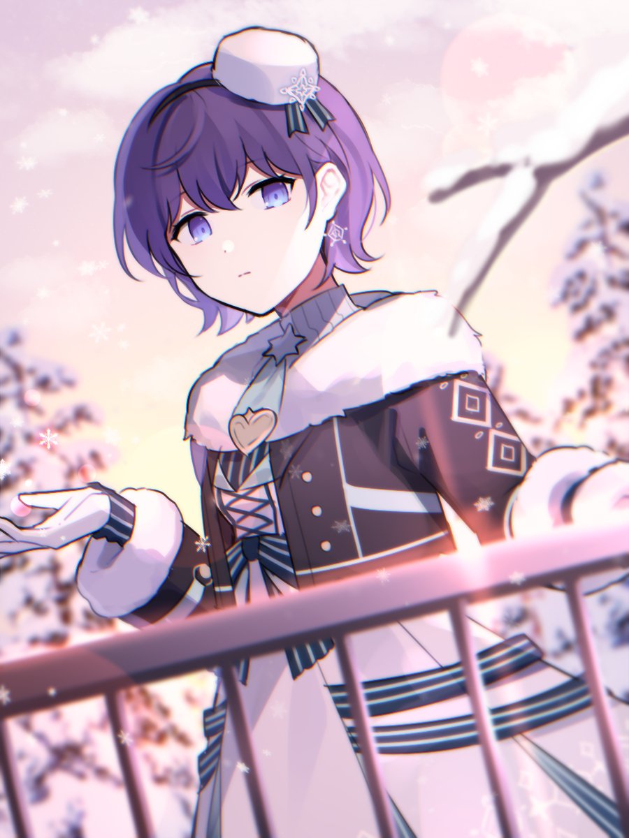 1girl asahina_mafuyu bangs black_hairband black_jacket blue_necktie bow branch commentary dress earrings fur-trimmed_sleeves fur_trim gloves green_bow hairband hat hat_ornament highres jacket jewelry long_sleeves looking_at_viewer mini_hat necktie project_sekai purple_hair railing short_hair snow snowflake_earrings snowflake_hat_ornament solo striped striped_bow symbol-only_commentary tree turtleneck_dress violet_eyes waka_(wk4444) white_dress white_gloves winter