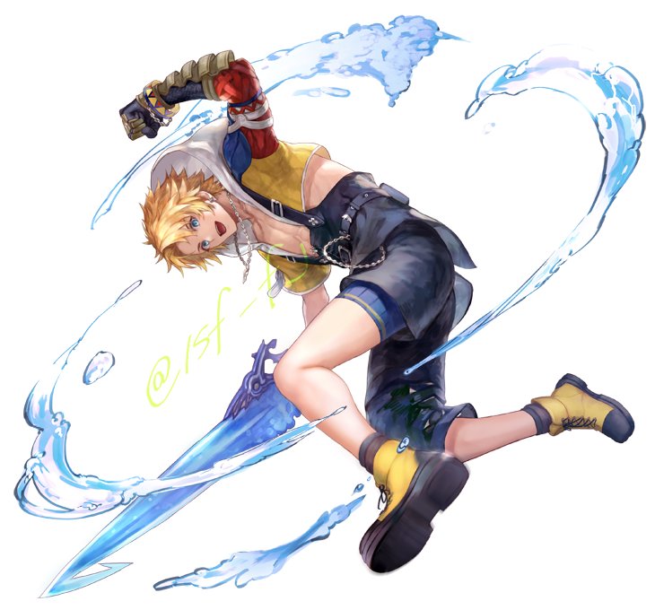 1boy arm_guards armor asymmetrical_legwear bangs black_overalls blonde_hair blue_eyes blue_shorts boots chain_necklace clenched_hand cropped_hoodie fighting_stance final_fantasy final_fantasy_x full_body gloves hand_up holding holding_sword holding_weapon hood hood_down hoodie jewelry male_focus necklace open_mouth overalls parted_bangs pectorals sasanomesi short_hair shorts shoulder_armor smile solo sword tidus twitter_username water water_drop weapon white_background yellow_footwear