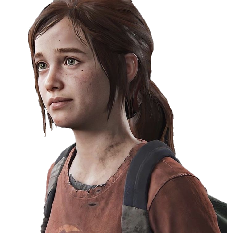 1girl brown_hair cropped ellie_(the_last_of_us) game_screenshot long_hair non-web_source orange_shirt ponytail shirt simple_background solo source_request upper_body white_background