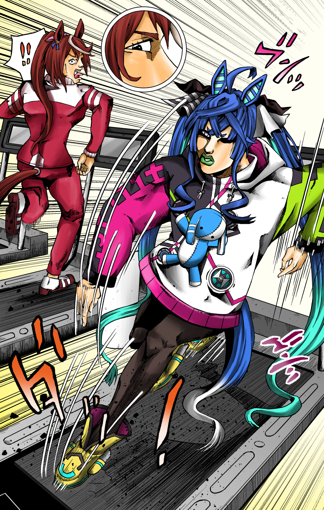 ! 2girls ahoge animal_ears ankle_boots aqua_hair araki_hirohiko_(style) black_bow blue_hair bodysuit boots bow brown_hair commentary_request drawstring gradient_hair green_lips hair_bow high_ponytail highres hood hoodie horse_ears horse_girl horse_tail imitating jojo_no_kimyou_na_bouken kishibe_rohan_wa_ugokanai light_brown_hair long_hair motion_lines multicolored_hair multiple_girls one_eye_closed parody pink_bow red_footwear red_track_suit running scene_reference shoes sidelocks six_neon sneakers speed_lines spoken_exclamation_mark streaked_hair striped striped_bow stuffed_animal stuffed_bunny stuffed_toy tail tail_through_clothes thick_eyebrows tokai_teio_(umamusume) tongue tongue_out treadmill twin_turbo_(umamusume) twintails two-tone_bow two-tone_hair umamusume very_long_hair violet_eyes white_bow