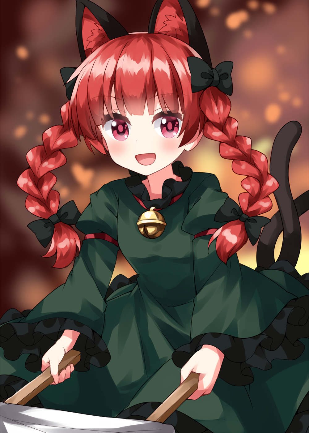 1girl :d animal_ears bell black_bow blurry blurry_background bow braid cat_ears cat_tail depth_of_field dress extra_ears fire frills green_dress hair_bow highres holding jingle_bell kaenbyou_rin long_sleeves multiple_tails neck_bell nekomata one-hour_drawing_challenge open_mouth puffy_sleeves red_eyes redhead ruu_(tksymkw) smile solo standing tail touhou twin_braids two_tails wheelbarrow wide_sleeves