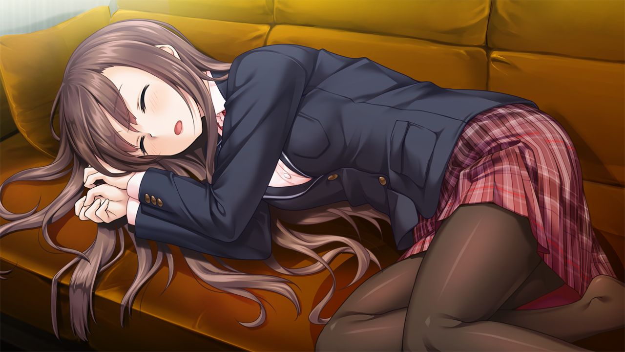 1girl black_jacket blush brown_hair closed_eyes couch fuyu_kiss game_cg indoors jacket long_hair long_sleeves lying miniskirt on_side open_mouth pantyhose plaid plaid_skirt pleated_skirt red_skirt school_uniform shinomiya_touka shiny shiny_clothes shiny_hair shiny_legwear skirt sleeping solo straight_hair unasaka_ryou