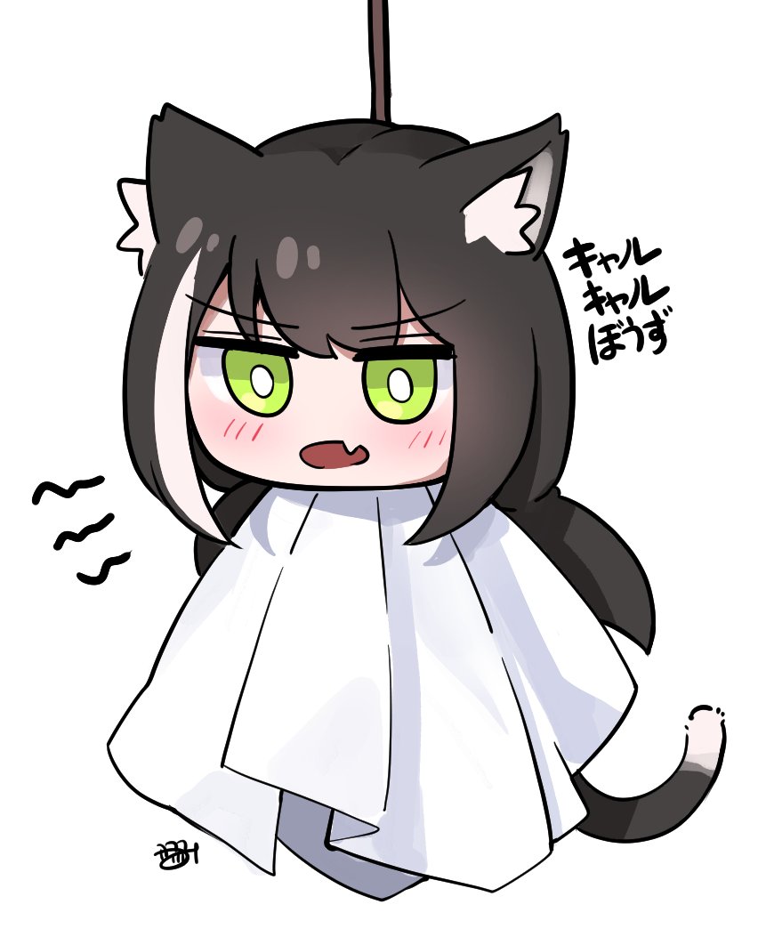 1girl animal_ear_fluff animal_ears bangs black_hair blush cat_ears cat_tail chibi commentary_request fang green_eyes karyl_(princess_connect!) kokukyukeo korean_commentary long_hair open_mouth princess_connect! simple_background skin_fang solo tail teruterubouzu translation_request white_background