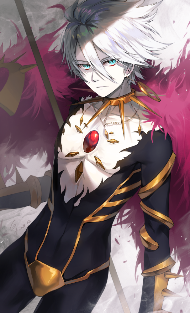 1boy :| armor bangs bishounen black_bodysuit blue_eyes bodysuit chest_jewel closed_mouth collar commentary_request earrings expressionless eyeshadow fate/apocrypha fate/extella fate/extella_link fate/extra fate/extra_ccc fate/extra_ccc_fox_tail fate/grand_order fate_(series) feet_out_of_frame gijang gold_trim hair_between_eyes jewelry karna_(fate) looking_at_viewer makeup male_focus pale_skin red_eyeshadow shiny shiny_hair short_hair single_earring solo spiked_collar spikes spiky_hair white_hair