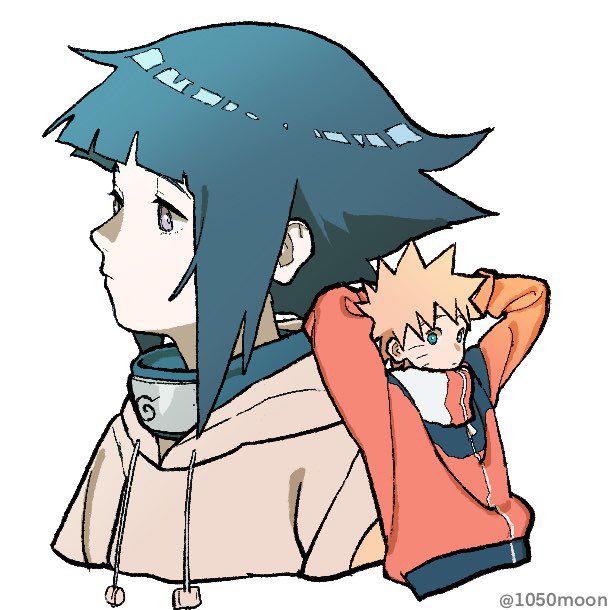 1boy 1girl arms_behind_head bangs black_hair blonde_hair blue_eyes blunt_bangs facial_mark grey_eyes high_collar hood hoodie hyuuga_hinata jumpsuit long_sleeves looking_at_viewer looking_to_the_side naruto_(series) orange_jumpsuit shimizugawa short_hair spiky_hair upper_body uzumaki_naruto whisker_markings white_background