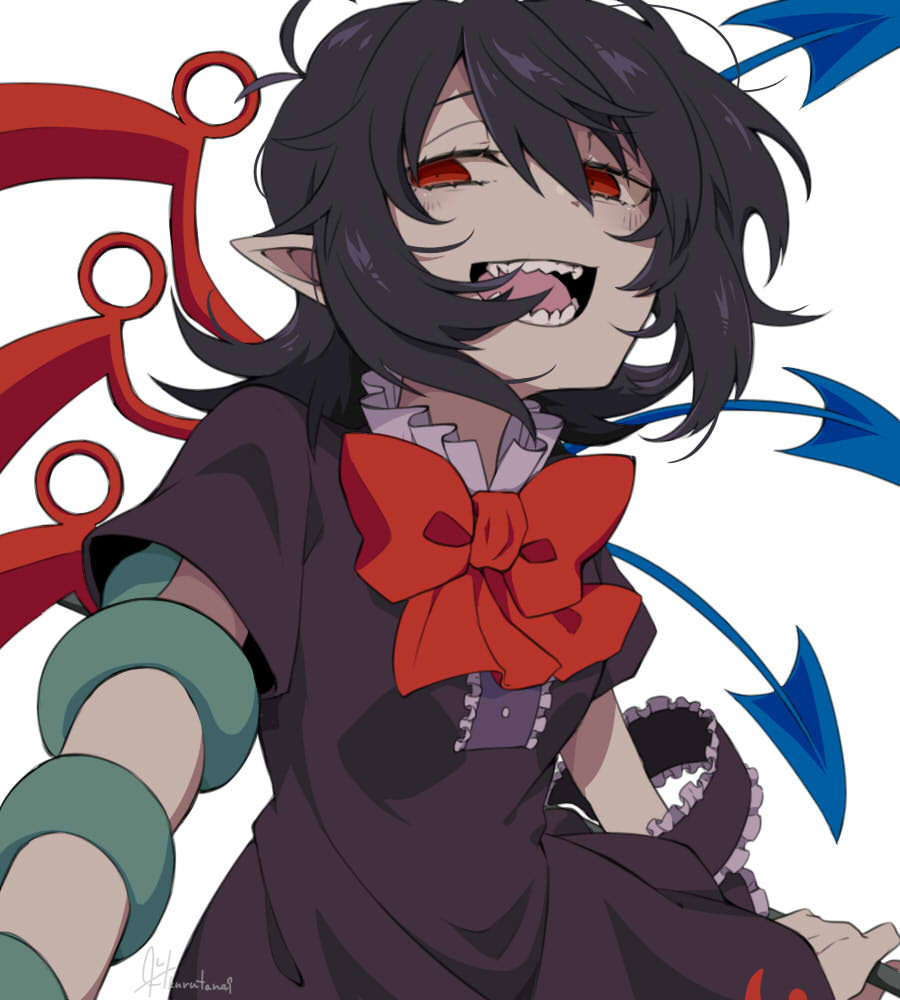 1girl bangs black_dress black_hair blue_wings blush bow bowtie breasts buttons center_frills commentary_request dress frills houjuu_nue kurutana looking_at_viewer medium_hair messy_hair open_mouth pointy_ears red_bow red_bowtie red_eyes red_wings sharp_teeth short_sleeves simple_background small_breasts smile snake solo teeth tomoe_(symbol) touhou upper_body white_background wings