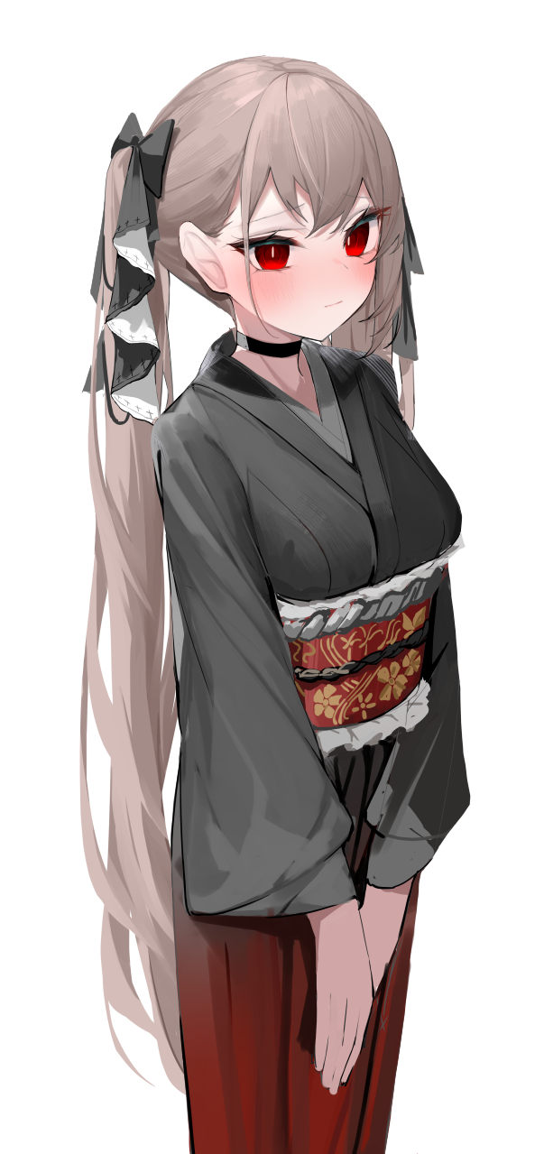 1girl alternate_breast_size azur_lane black_kimono blush breasts bright_pupils choker closed_mouth cowboy_shot formidable_(azur_lane) from_side grey_hair hair_behind_ear highres japanese_clothes kimono long_hair long_sleeves looking_ahead medium_breasts nephthys2356 obi red_eyes sash sidelocks simple_background smile solo tsurime twintails v_arms very_long_hair white_background