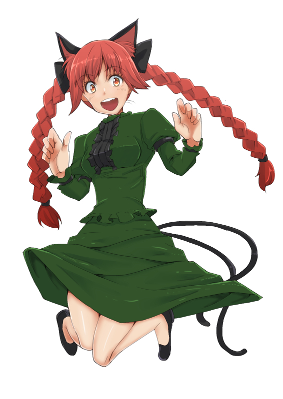 1girl :d animal_ears braid cat_ears cat_tail dress full_body green_dress hands_up kaenbyou_rin knees_together_feet_apart lunatic_rabbit multiple_tails nekomata open_mouth red_eyes redhead smile solo tail touhou twin_braids two_tails