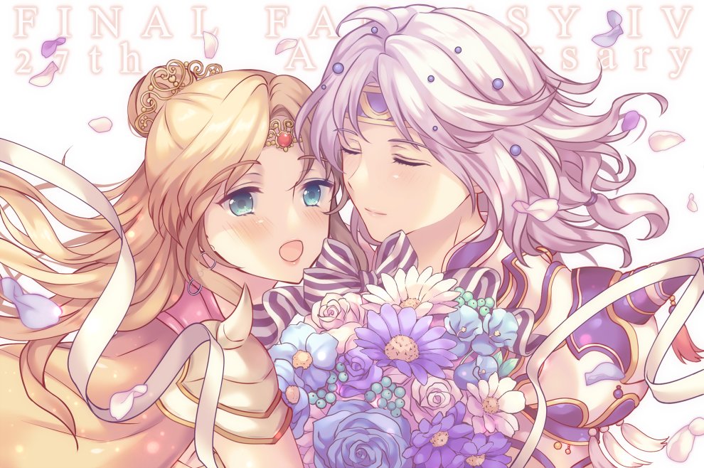 1boy 1girl aqua_eyes armor bangs blonde_hair blue_flower bouquet cape cecil_harvey closed_eyes couple falling_petals final_fantasy final_fantasy_iv flower hair_bun headband holding holding_bouquet jewelry long_hair looking_at_viewer lyric_(hina9111) open_mouth parted_bangs petals ponytail ribbon rosa_farrell shoulder_spikes spikes upper_body wavy_hair white_flower white_hair white_ribbon yellow_cape