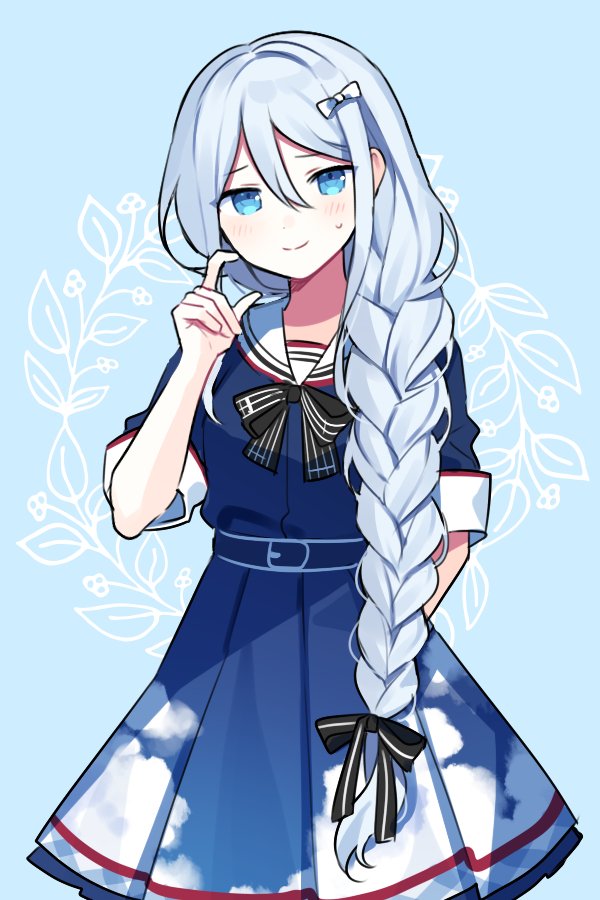 1girl belt black_bow black_bowtie blue_background blue_belt blue_dress blue_eyes blue_hair blush bow bowtie braid braided_ponytail closed_mouth dress hair_between_eyes hair_bow long_hair long_sleeves looking_at_viewer project_sekai sailor_collar sky_print smile solo striped striped_bow striped_bowtie sweat very_long_hair waka_(wk4444) white_bow white_sailor_collar yoisaki_kanade
