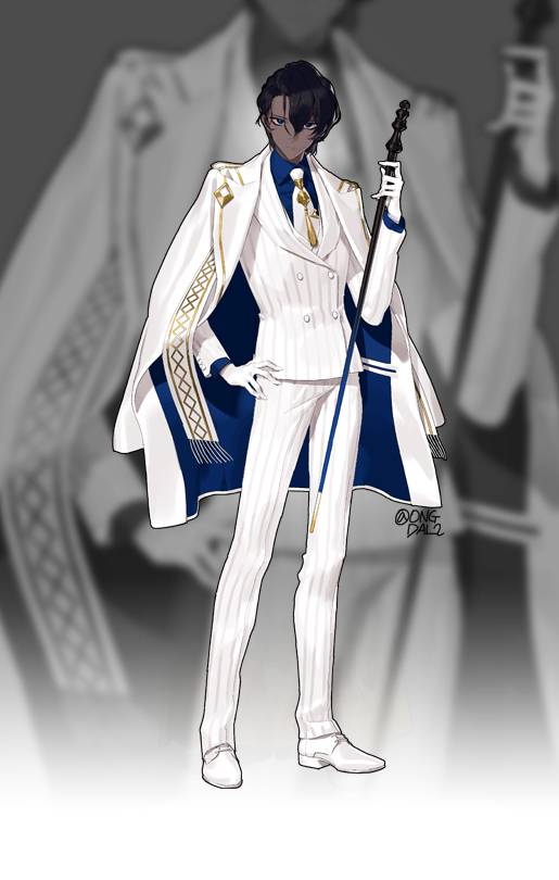 1boy :| alternate_costume alternate_eye_color arjuna_(fate) bangs blue_eyes blue_shirt cane closed_mouth collared_shirt commentary_request dark-skinned_male dark_skin expressionless fate/extella fate/extella_link fate/extra fate/grand_order fate_(series) formal full_body gloves gold_trim hand_on_hip holding holding_cane jacket jacket_on_shoulders long_sleeves looking_at_viewer male_focus necktie ongdal2 pants shirt short_hair solo standing striped striped_jacket striped_pants tie_clip twitter_username white_footwear white_gloves white_jacket white_necktie white_pants