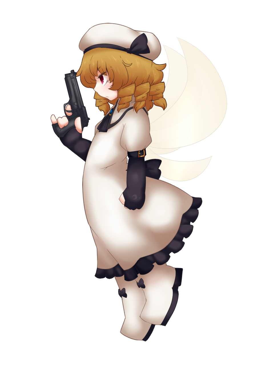 1girl black_gloves blackbad blonde_hair closed_mouth dress drill_locks elbow_gloves fingerless_gloves from_side full_body gloves gun highres holding holding_gun holding_weapon luna_child red_eyes simple_background solo touhou weapon white_background white_dress white_footwear white_headwear