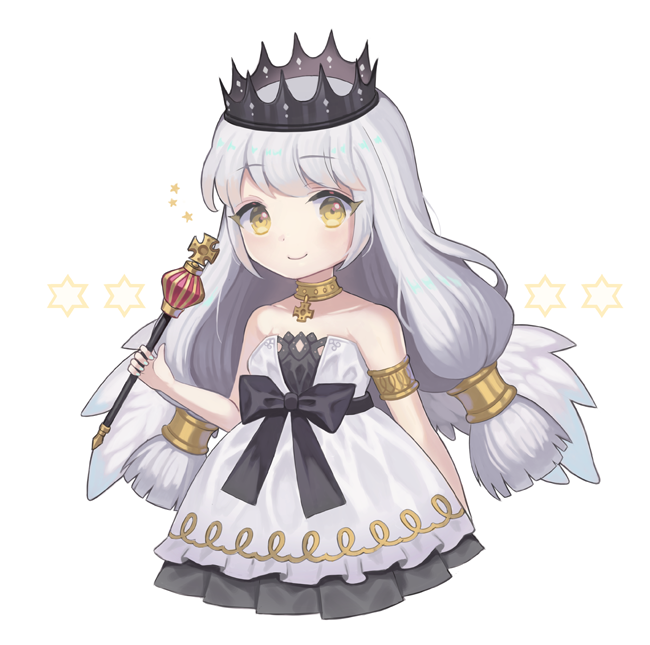 1girl armlet black_bow bow choker closed_mouth cross crown dress eyelashes gold_choker grey_background holding holding_scepter long_hair lunaticmed mini_wings off-shoulder_dress off_shoulder original scepter simple_background smile solo star_(symbol) white_dress wings yellow_eyes