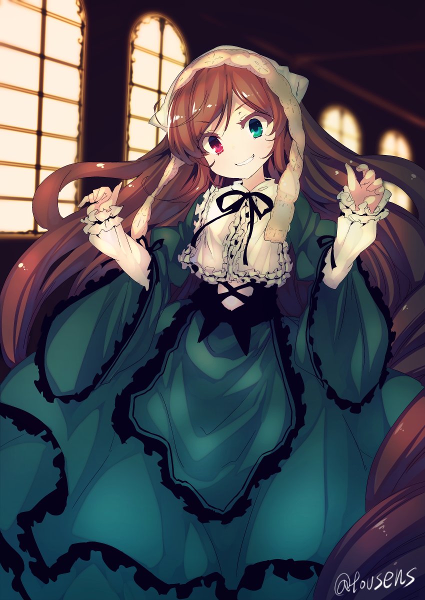 1girl black_ribbon brown_hair collar dress frilled_collar frills green_dress green_eyes grin hands_up head_scarf heterochromia highres indoors long_hair looking_at_viewer neck_ribbon red_eyes ribbon rozen_maiden smile solo suiseiseki tousen very_long_hair white_headwear wide_sleeves window