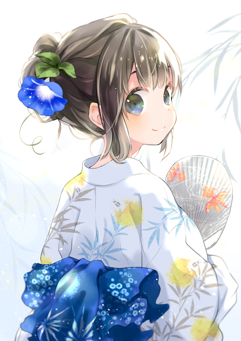 1girl animal_print back_bow bangs black_hair blue_bow blue_flower bow closed_mouth commentary_request eyebrows_hidden_by_hair fish_print flower from_behind goldfish_print hair_bun hair_flower hair_ornament hand_fan japanese_clothes kimono kuga_tsukasa looking_at_viewer looking_back morning_glory obi original paper_fan sash smile solo uchiwa upper_body white_kimono yukata