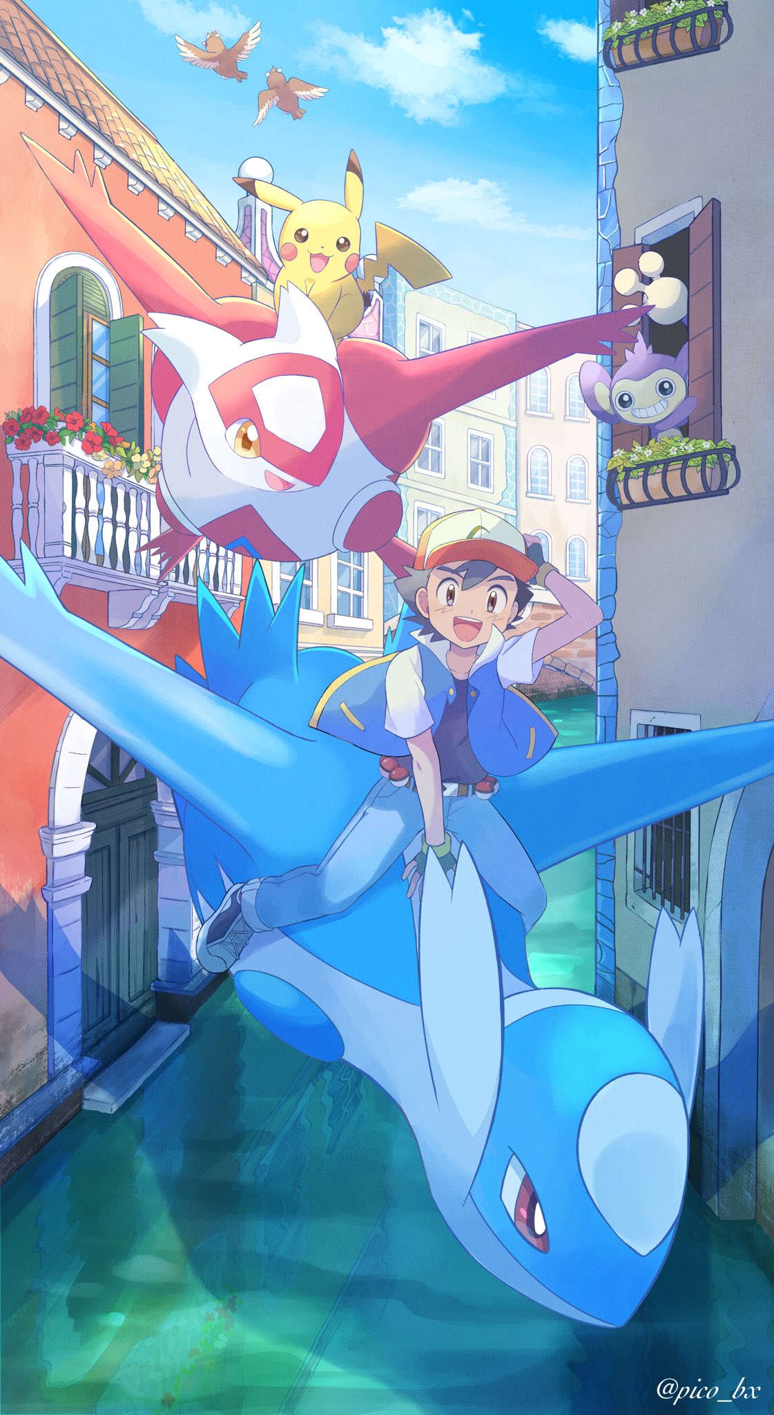 1boy :d aipom ash_ketchum bangs baseball_cap bird canal clouds commentary_request day fingerless_gloves gloves hat highres jacket latias latios male_focus mei_(maysroom) open_clothes open_jacket open_mouth outdoors pants pidgey pikachu pokemon pokemon_(anime) pokemon_(classic_anime) pokemon_(creature) pokemon_heroes:_latios_&amp;_latias riding riding_pokemon shirt shoes sitting sky smile sneakers teeth tongue twitter_username upper_teeth water