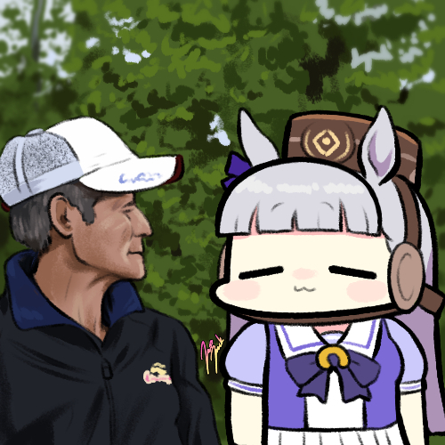 1boy 1girl :3 =_= animal_ears bangs baseball_cap black_jacket blunt_bangs bow bowtie brown_headwear ear_bow facing_another gold_ship_(umamusume) grey_hair hat horse_ears horse_girl horseshoe_ornament imanami_takatoshi jacket jazz_jack long_hair looking_at_another lowres photo-referenced pillbox_hat pleated_skirt puffy_short_sleeves puffy_sleeves purple_bow purple_bowtie purple_shirt real_life sailor_collar sailor_shirt school_uniform serafuku shirt short_sleeves signature skirt summer_uniform tracen_school_uniform umamusume white_headwear white_skirt