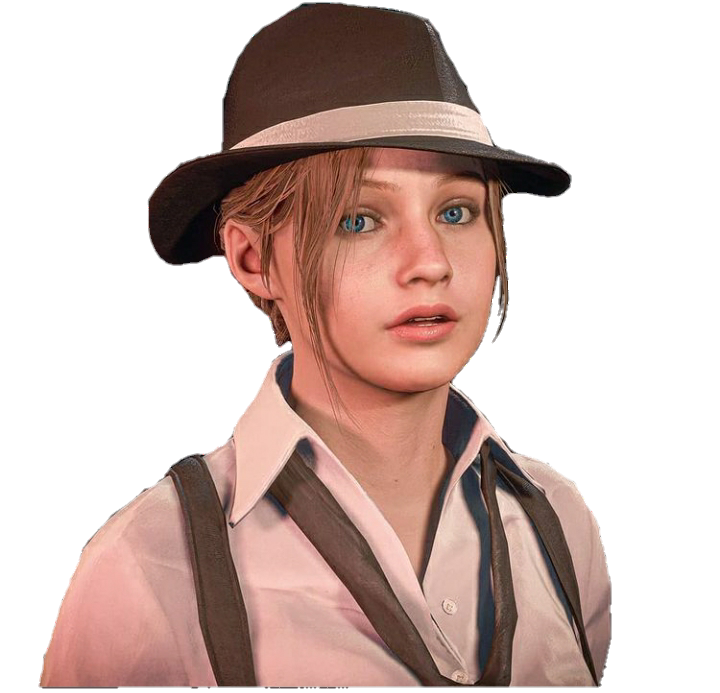 1girl blue_eyes brown_hair claire_redfield cropped fedora game_screenshot hat long_hair looking_at_viewer non-web_source overalls resident_evil resident_evil_2 resident_evil_2_(remake) simple_background solo source_request upper_body white_background