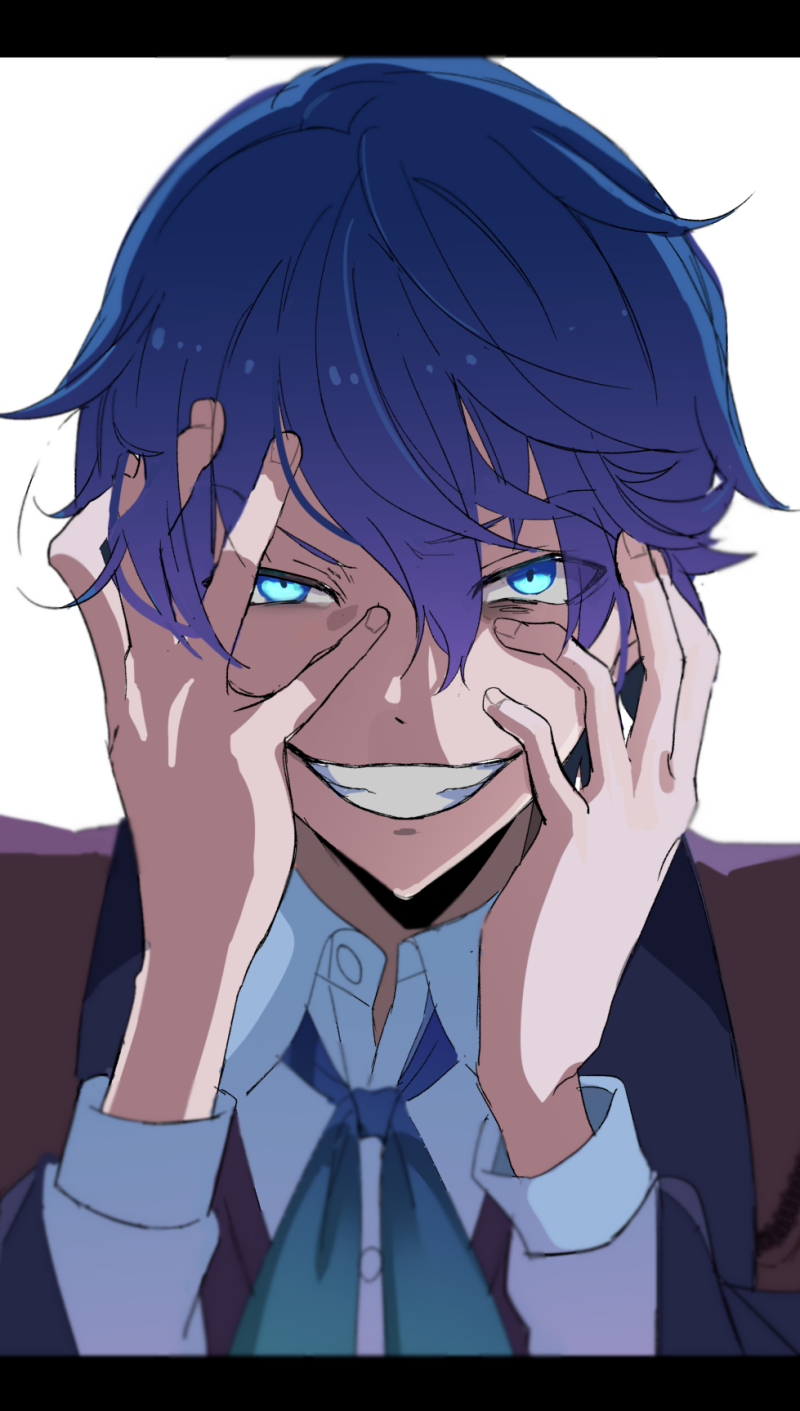 1boy akutoku_no_judgement_(vocaloid) black_robe blue_hair blue_ribbon collared_shirt crazy_eyes crazy_grin crazy_smile evil_eyes evil_grin evil_smile evillious_nendaiki glowing glowing_eyes grin hair_between_eyes highres judge kaito_(vocaloid) looking_at_viewer messy_hair open_collar partially_unbuttoned ribbon robe shirt smile solo teeth vocaloid white_background yamimiya