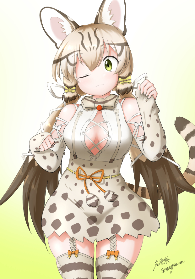 1girl animal_costume animal_ear_fluff animal_ears bow bowtie cat_ears cat_girl cat_tail closed_mouth geoffroy's_cat_(kemono_friends) green_eyes grey_hair kemono_friends kemono_friends_v_project kneehighs long_hair looking_at_viewer microphone one_eye_closed ribbon shirt simple_background skirt smile socks solo tail taurine_8000mg twintails virtual_youtuber