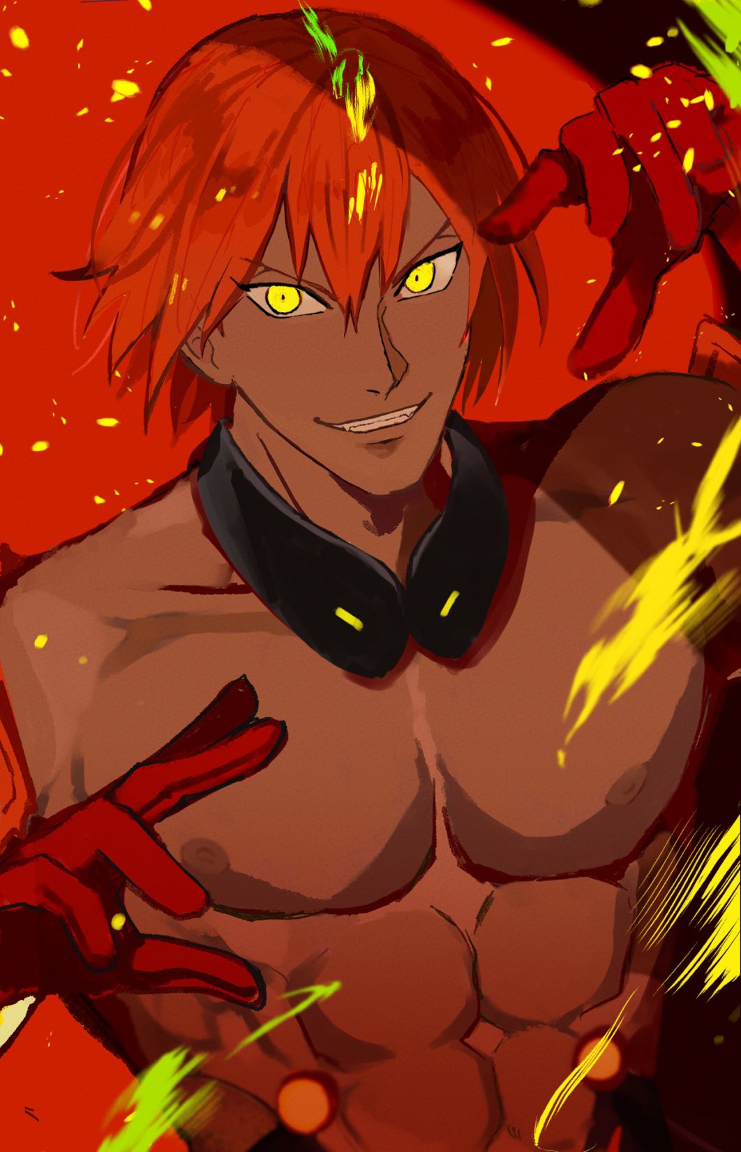 1boy abs ashwatthama_(fate) bangs black_collar collar commentary_request dark-skinned_male dark_skin fate/grand_order fate_(series) forehead_jewel gloves hair_between_eyes highres jewelry looking_at_viewer male_focus muscular muscular_male nipples okra_ecory pectorals red_gloves redhead short_hair smile solo teeth topless_male upper_body yellow_eyes