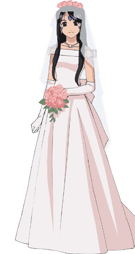 1girl aa_megami-sama aged_up bare_arms bare_shoulders black_hair bouquet brown_eyes detached_sleeves elbow_gloves eyebrows facial_mark flower_crown flowing_dress forehead_mark gloves goddess headpiece looking_at_viewer necklace no_shoes official_art ribbon ribbon-trimmed_clothes ribbon_trim roses skuld standing waist_bow wedding_dress wedding_gown wedding_veil white_background white_dress white_gloves