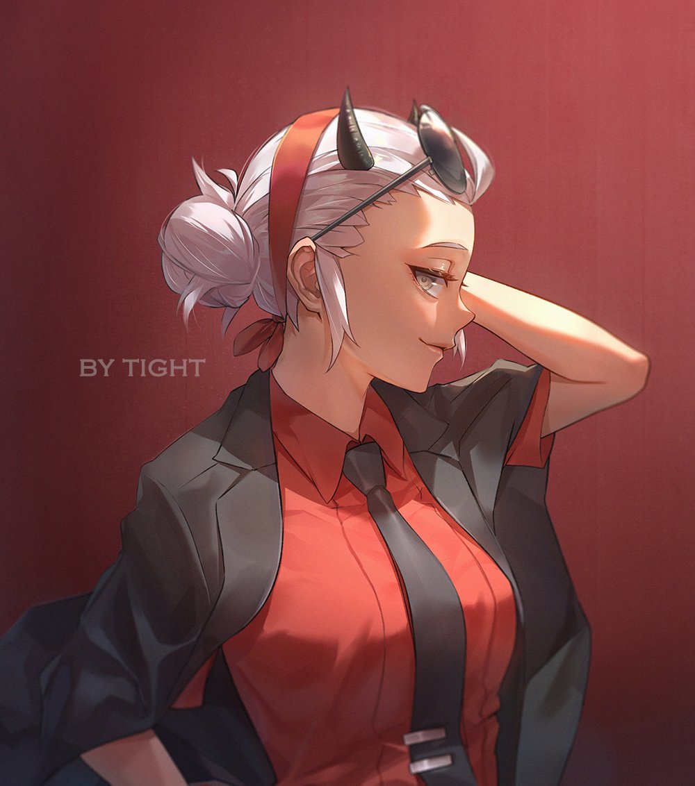 1girl arm_behind_head bandana black_horns demon_girl demon_horns eyewear_on_head grey_eyes helltaker horns jacket jacket_on_shoulders justice_(helltaker) necktie red_bandana red_shirt shirt smile sunglasses tight_(ohmygod) white_hair