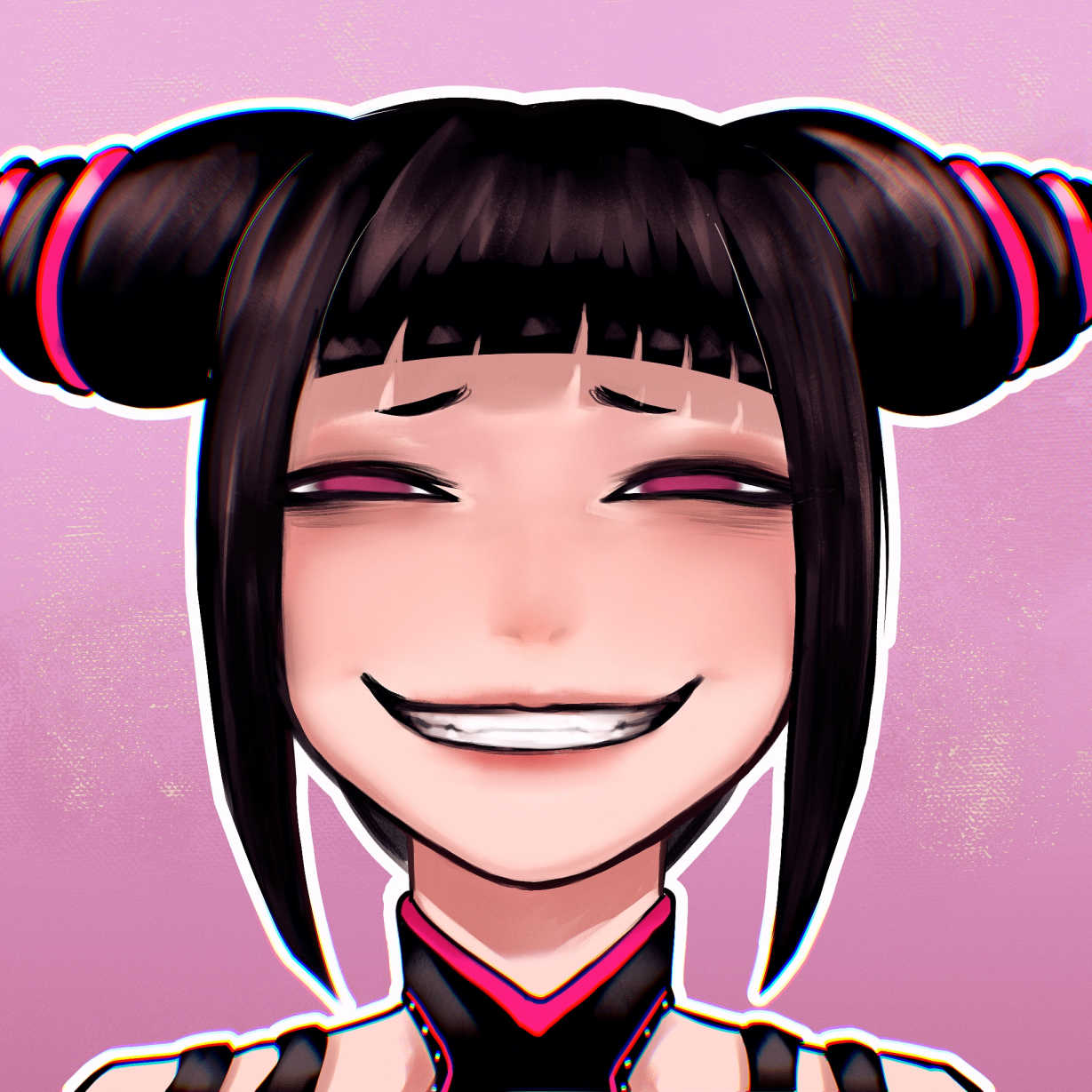 1girl ayaki_d bags_under_eyes bangs black_hair blunt_bangs furrowed_brow grin hair_horns half-closed_eyes han_juri highres lips looking_at_viewer medium_hair outline pink_eyes smile solo street_fighter teeth troll_face