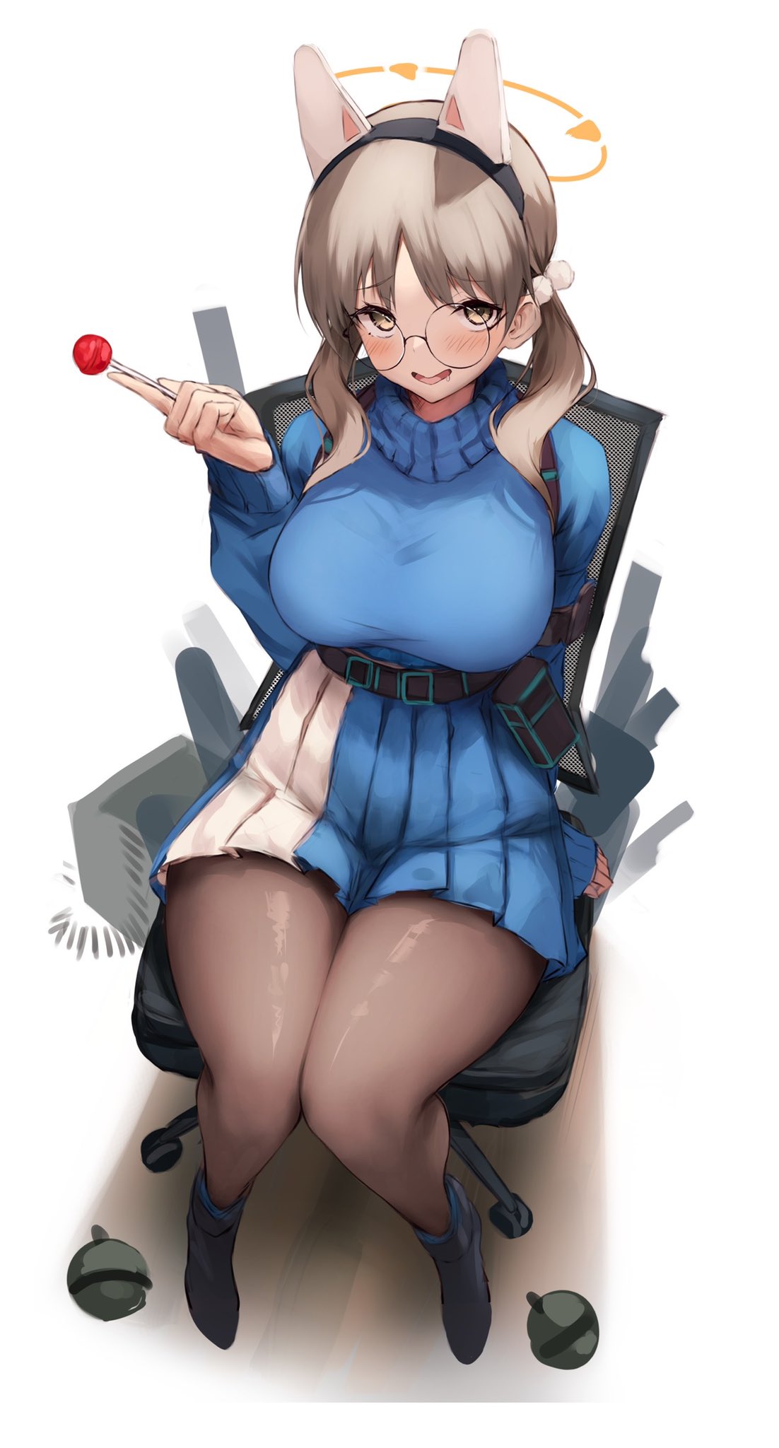 animal_ears belt black_pantyhose blue_archive blue_skirt blue_sweater breasts candy fake_animal_ears food full_body hair_ornament halo highres holding holding_candy holding_food holding_lollipop inre_kemomimi large_breasts light_brown_hair lollipop long_sleeves moe_(blue_archive) pantyhose pom_pom_(clothes) pom_pom_hair_ornament round_eyewear sitting skirt smile solo sweater thighs turtleneck turtleneck_sweater twintails two-tone_skirt yellow_eyes