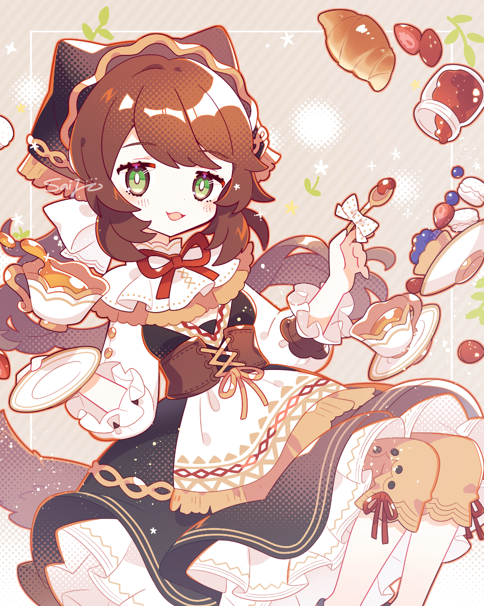 1girl :d apron bangs black_dress black_headwear brown_hair brown_pants commentary_request corset croissant cup dress feet_out_of_frame food fruit green_hair hair_ribbon head_scarf highres holding holding_saucer holding_spoon jam jar long_hair looking_at_viewer macaron open_mouth original pants petticoat red_ribbon ribbon saijo1201 saucer shirt sleeves_past_elbows smile solo spoon strawberry tea teacup teaspoon waist_apron white_apron white_ribbon white_shirt