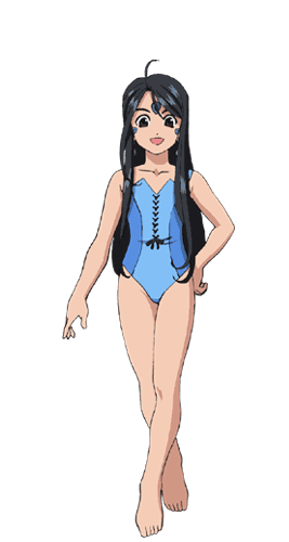 1girl aa_megami-sama ahoge antenna_hair bangs bare_arms bare_shoulders bare_thighs barefoot black_hair blue_swimsuit brown_eyes child collarbone dark_hair eyebrows eyebrows_behind_hair facial_mark flowing_hair forehead_mark fringe goddess laced_up_swimsuit legs_crossed legs_together one-piece_swimsuit open_mouth skuld smiling smug standing strap swimsuit white_background young