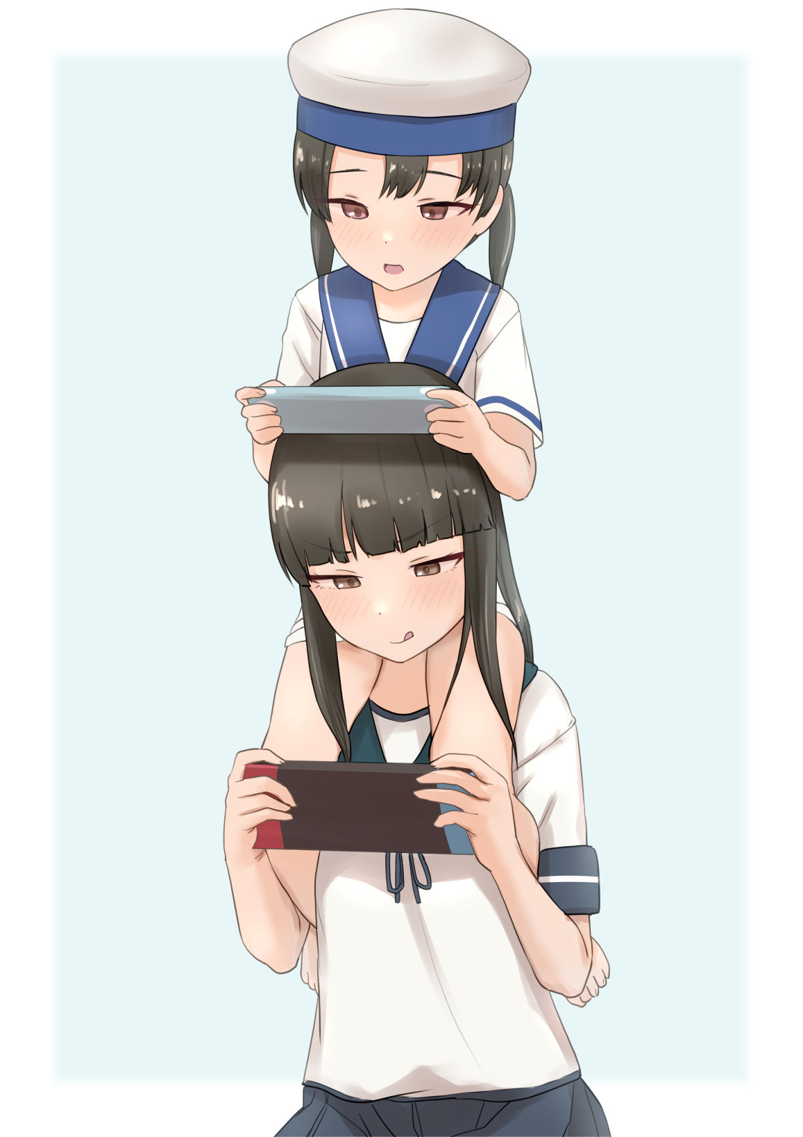 2girls bangs barefoot black_hair blue_collar blue_sailor_collar blue_skirt blunt_bangs brown_eyes carrying collar commentary_request dress handheld_game_console hat hatsuyuki_(kancolle) highres hime_cut kantai_collection long_hair multiple_girls nintendo_switch sailor_collar sailor_dress sailor_hat sakieko school_uniform serafuku short_hair short_sleeves shoulder_carry shounan_(kancolle) skirt twintails upper_body white_dress white_headwear