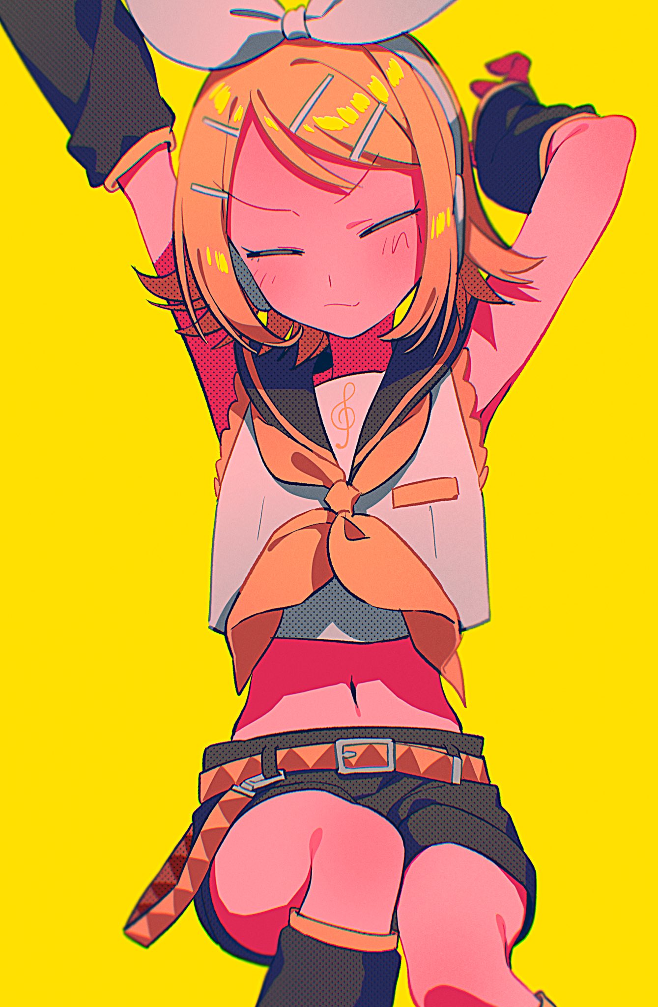 1girl :3 arms_up ascot bangs bare_shoulders belt blonde_hair blurry blush bow closed_eyes depth_of_field detached_sleeves flat_chest hair_bow hair_ornament hairclip highres kagamine_rin leg_warmers menma_(enaic31) midriff narrow_waist navel neckerchief puckered_lips sailor_collar sailor_shirt shirt short_hair shorts sitting sleeveless sleeveless_shirt stretching swept_bangs treble_clef vocaloid white_bow yellow_ascot yellow_background yellow_neckerchief