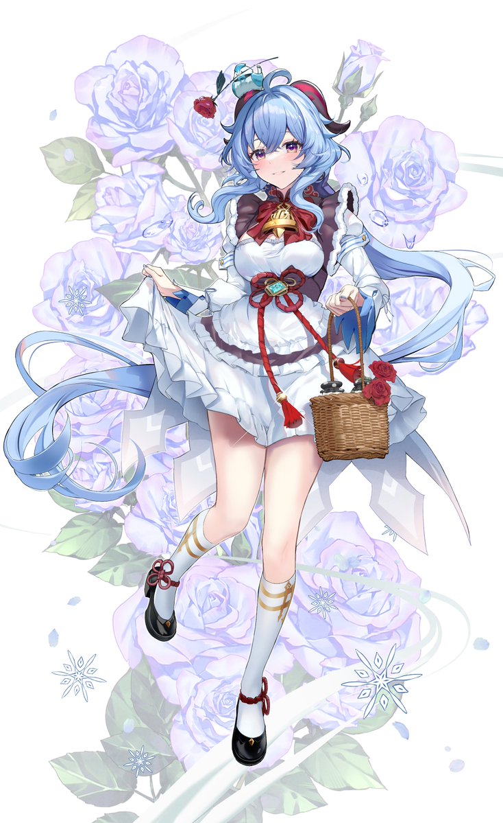 1girl adapted_costume ahoge alternate_costume apron bangs basket bell bird blue_hair blush breasts chinese_knot clothes_lift enmaided floral_background flower flower_knot full_body ganyu_(genshin_impact) genshin_impact horns long_hair looking_at_viewer maid maid_apron medium_breasts neck_bell open_mouth purple_flower rose sidelocks skirt skirt_lift smile solo tassel ttorong122 violet_eyes vision_(genshin_impact)