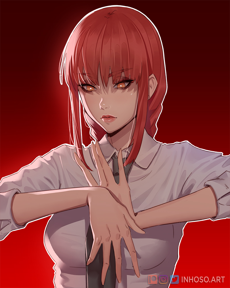 1girl braid breasts chainsaw_man collared_shirt grey_necktie hair_between_eyes inhoso long_hair makima_(chainsaw_man) medium_breasts necktie own_hands_together red_background redhead shirt sidelocks sleeves_rolled_up solo upper_body web_address white_shirt yellow_eyes