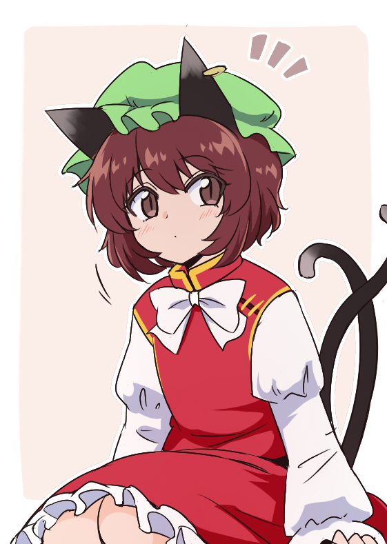 1girl animal_ears bow brown_eyes brown_hair cat_ears cat_tail chen expressionless green_headwear hat long_sleeves looking_at_viewer mob_cap multiple_tails notice_lines shio_(futatsumami) short_hair solo tail touhou two_tails
