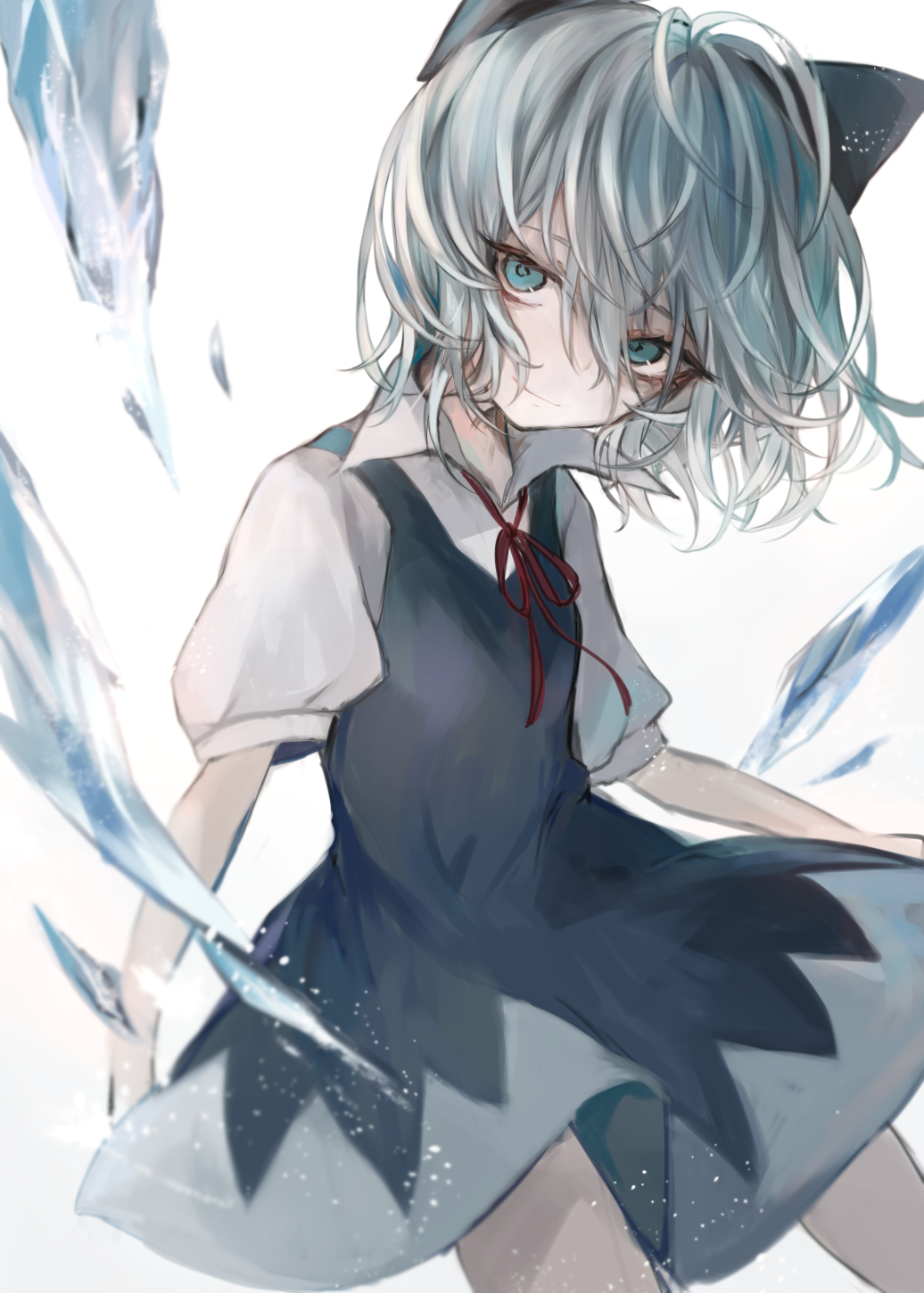 1girl blue_bow blue_dress blue_eyes blue_hair bow cirno closed_mouth collared_shirt commentary cowboy_shot dress hair_between_eyes hair_bow hasunokaeru head_tilt highres ice looking_at_viewer neck_ribbon pinafore_dress puffy_short_sleeves puffy_sleeves red_ribbon ribbon shirt short_hair short_sleeves smile solo touhou white_shirt